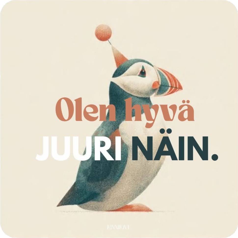 Lunni, jolla on oranssi kartionmuotoinen hattu päässään. Hatussa on kiinni pallonmuotoinen koriste. Kuvassa on teksti: Olen hyvä juuri näin.