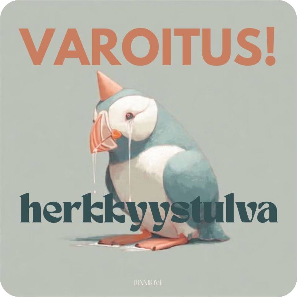 Lunni, joka itkee vuolaasti. Sillä on oranssi kartionmuotoinen hattu päässään. Kuvassa on teksti: Varoitus! Herkkyystulva